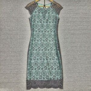 Mignon Doo Dress Size 2 Gold Metallic Crochet Overlay Aqua Lining Glam Luxe Midi